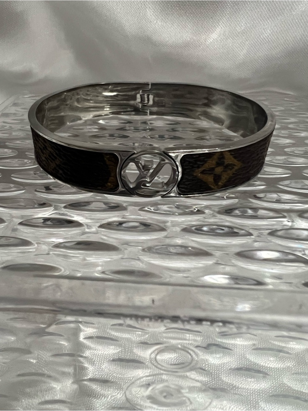 MMonogram LV Logo Silver-Tone Bangle Bracelet in Brown